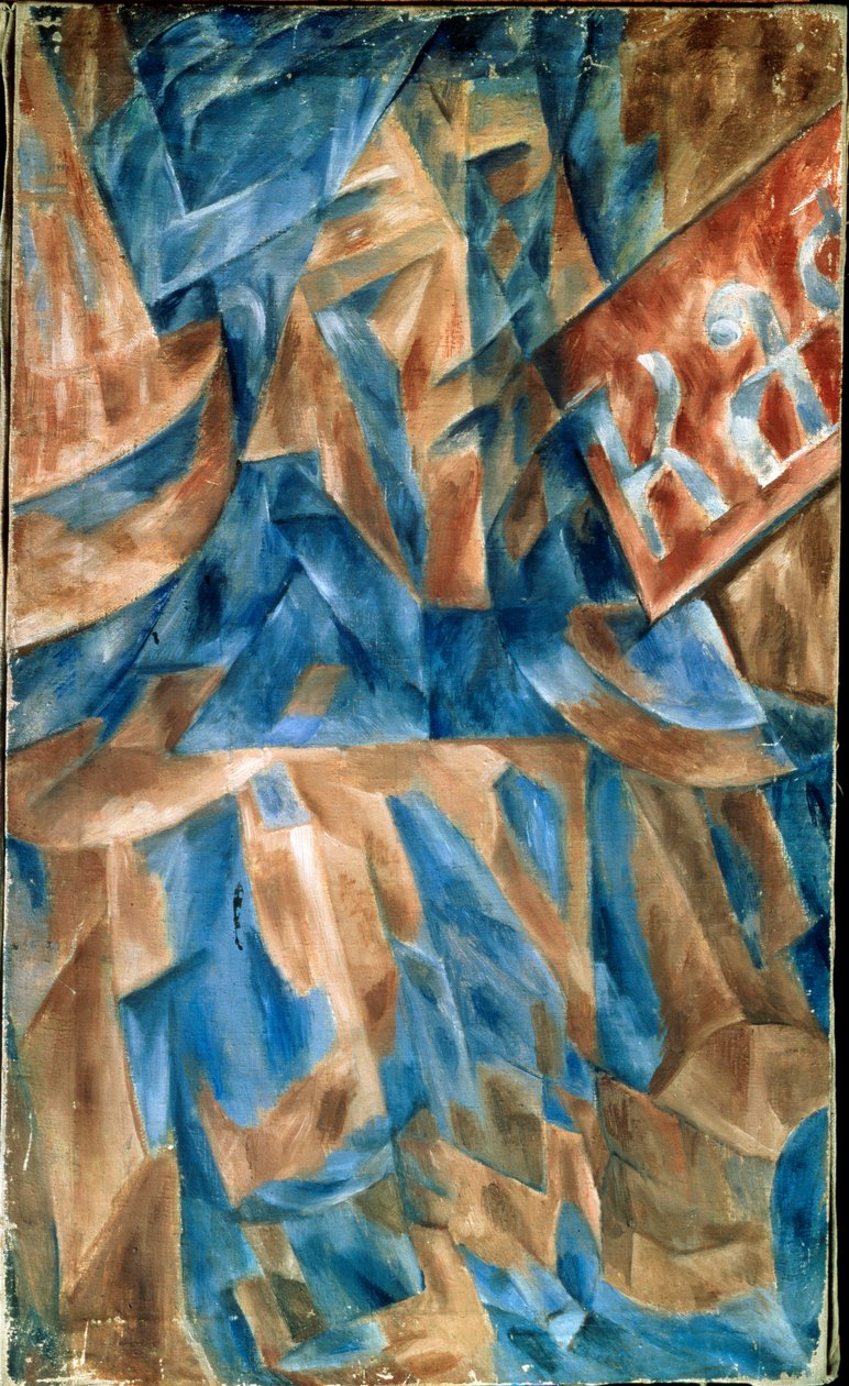 Femme dans un cafe (Cafedeki Bayan) - Kafenin ön cephesinden bir parça ile kübist kompozisyon (yazıt KA) - Mikhail Vasilyevich Le Dantyu (1891-1917), tuval üzerine yağlı boya, 1910 civarı - Rus sanatı, 20. yüzyıl muhafızından önce, soyut sanat - Stat by Mikhail Vasilevich Le Dantu