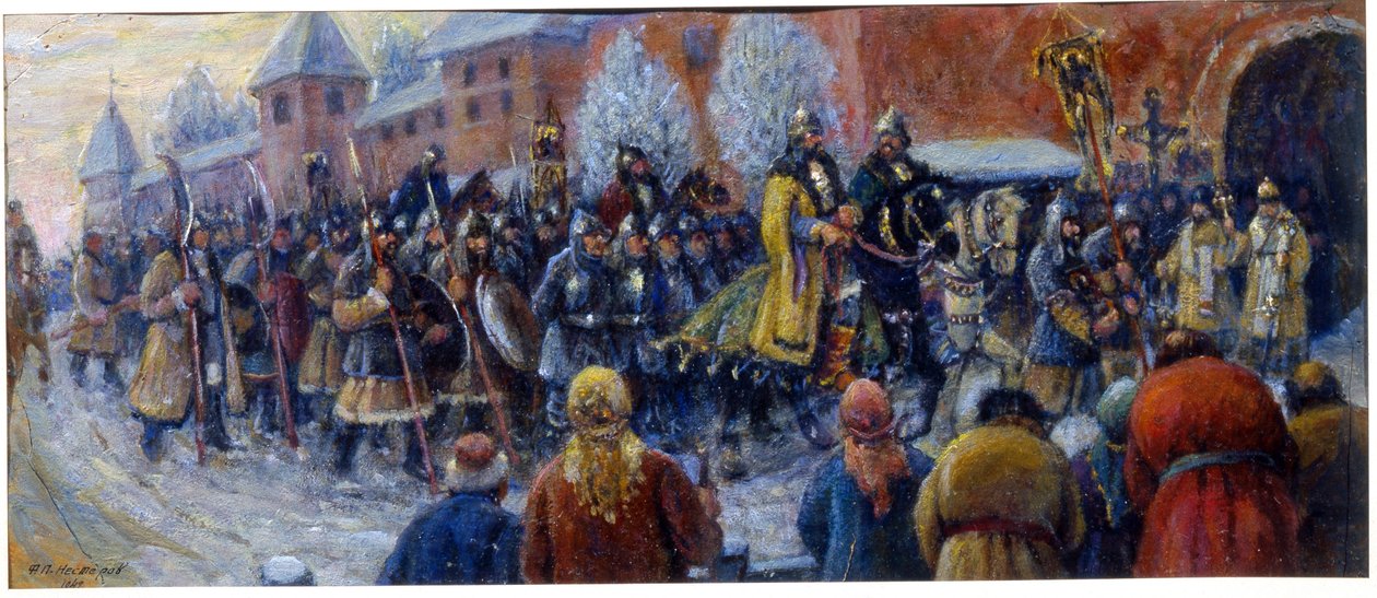 Alexander Nevsky'nin Buz Savaşı'ndan sonra Novgorod'a gelişi by Mikhail Vasilievich Nesterov