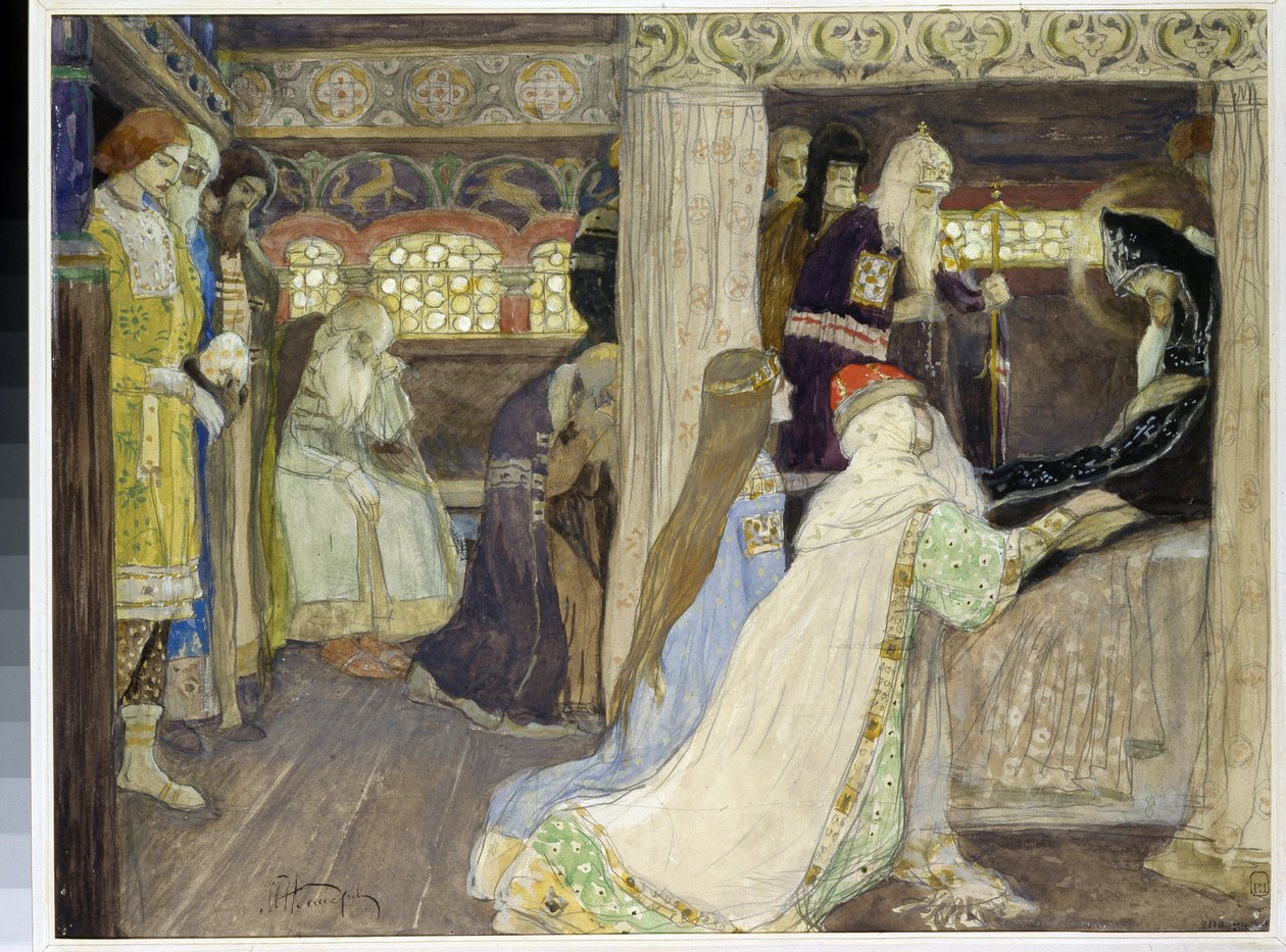 Büyük Dük Alexander Nevsky'nin (1220-1263) ölümü. (Büyük Dük Alexander Nevsky'nin Ölümü). Mikhail Vasilyevich Nesterov (1862-1942), kağıt üzerine suluboya ve guaj çalışması by Mikhail Vasilievich Nesterov