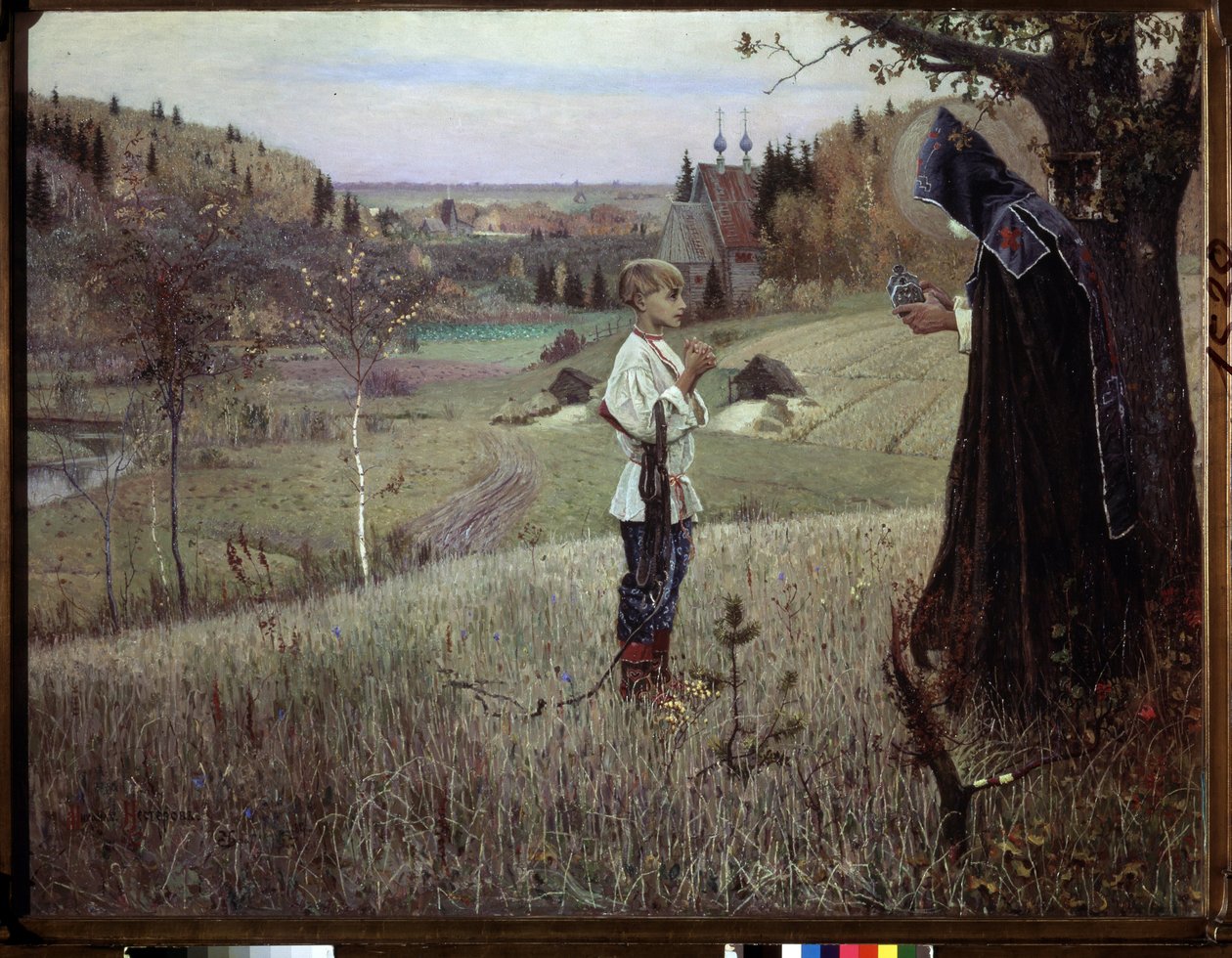 Genç Barthelemy'nin vizyonu. (Genç Bartholomew'in Vizyonu). Bir keşiş ile (1313-1392 civarında Saint Serge de Radonege veya Sergii Radonezhsky veya Sergey Radonezhsky veya Sergius de Radonezh olacak olan) genç Rus Barthelemy arasındaki buluşma. Boy by Mikhail Vasilievich Nesterov