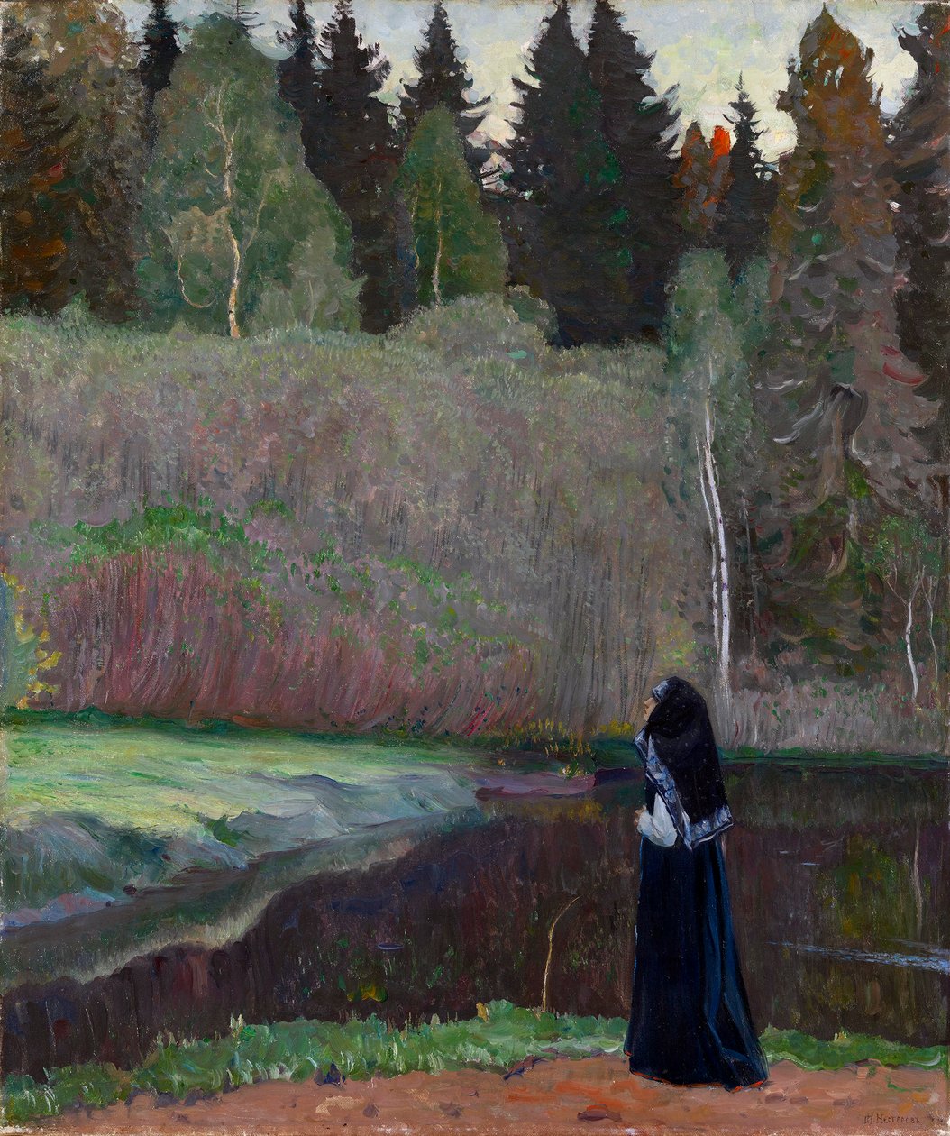 ""Le chant du rossignol"" (Bülbül Şarkı söylüyor) Bir rahibe kuş ötüşü dinliyor - Tablo Mikhail Vasilyevich Nesterov (1862-1942) 1918 Dim 81x68,5 cm Özel koleksiyon by Mikhail Vasilievich Nesterov