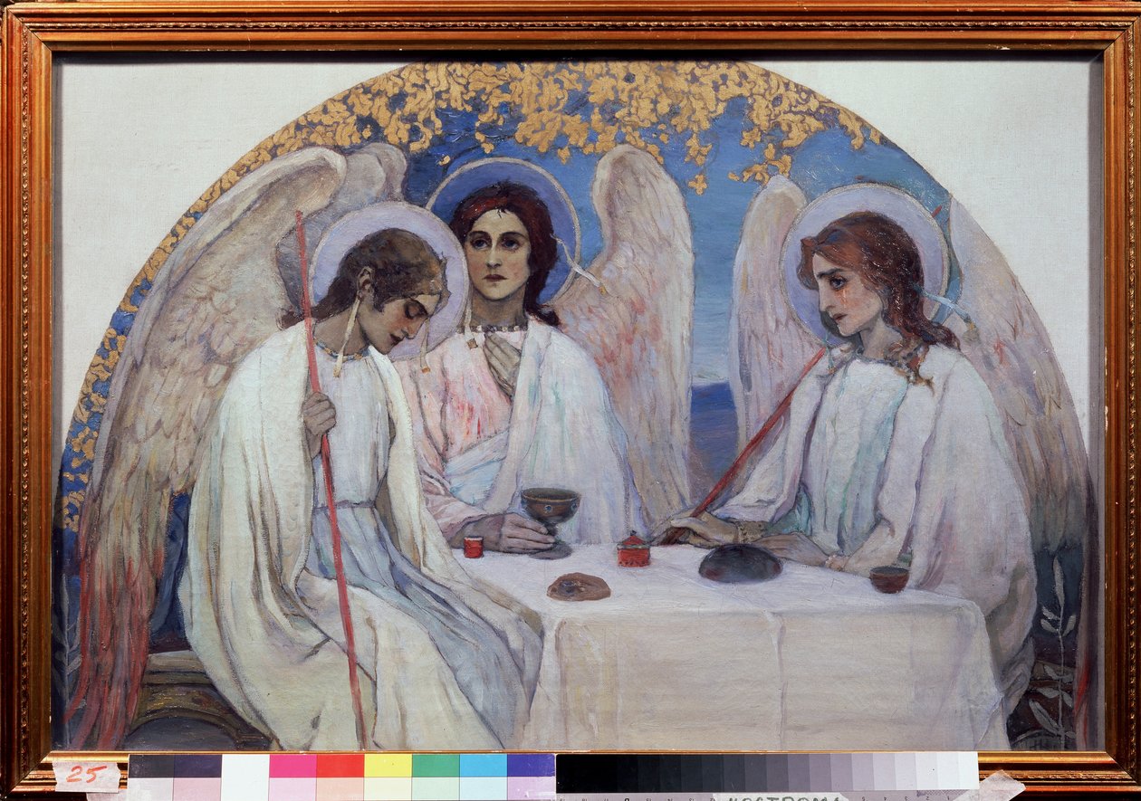 İbrahim'in misafirperverliği. Eski Ahit'in Üçlemesi. Chene de Mambre yakınlarında İbrahim'e görünen üç meleğin temsili. (İbrahim'in Misafirperverliği (Eski Ahit Trinity)) Mikhail Vasilyevich Nesterov (1862-1942), tuval üzerine yağlı boya. by Mikhail Vasilievich Nesterov