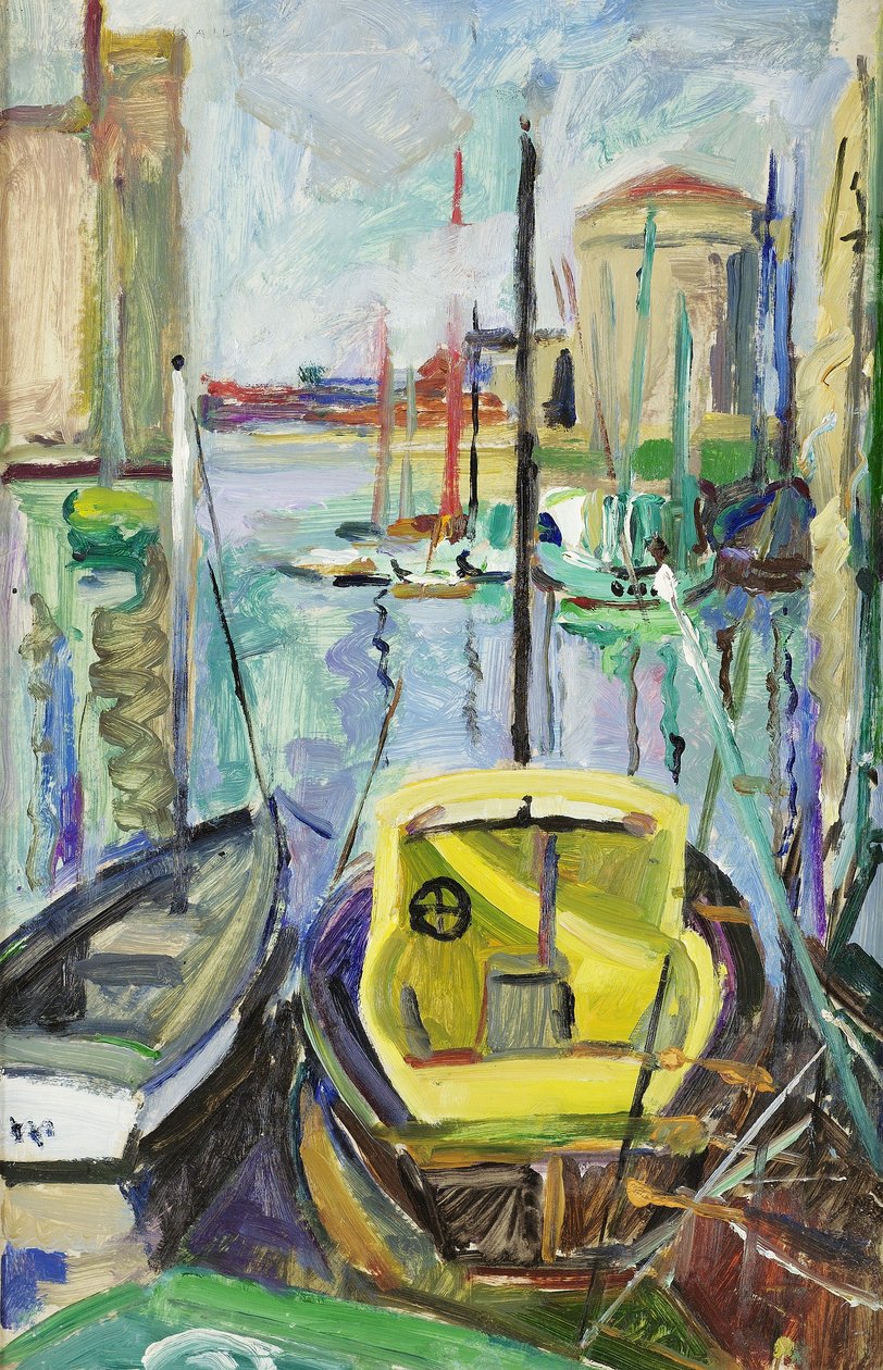 Le Vieux Port, La Rochelle, 1930 dolayları (tuval üzerine serilmiş kağıt üzerine yağlı boya) by Mildred Bendall