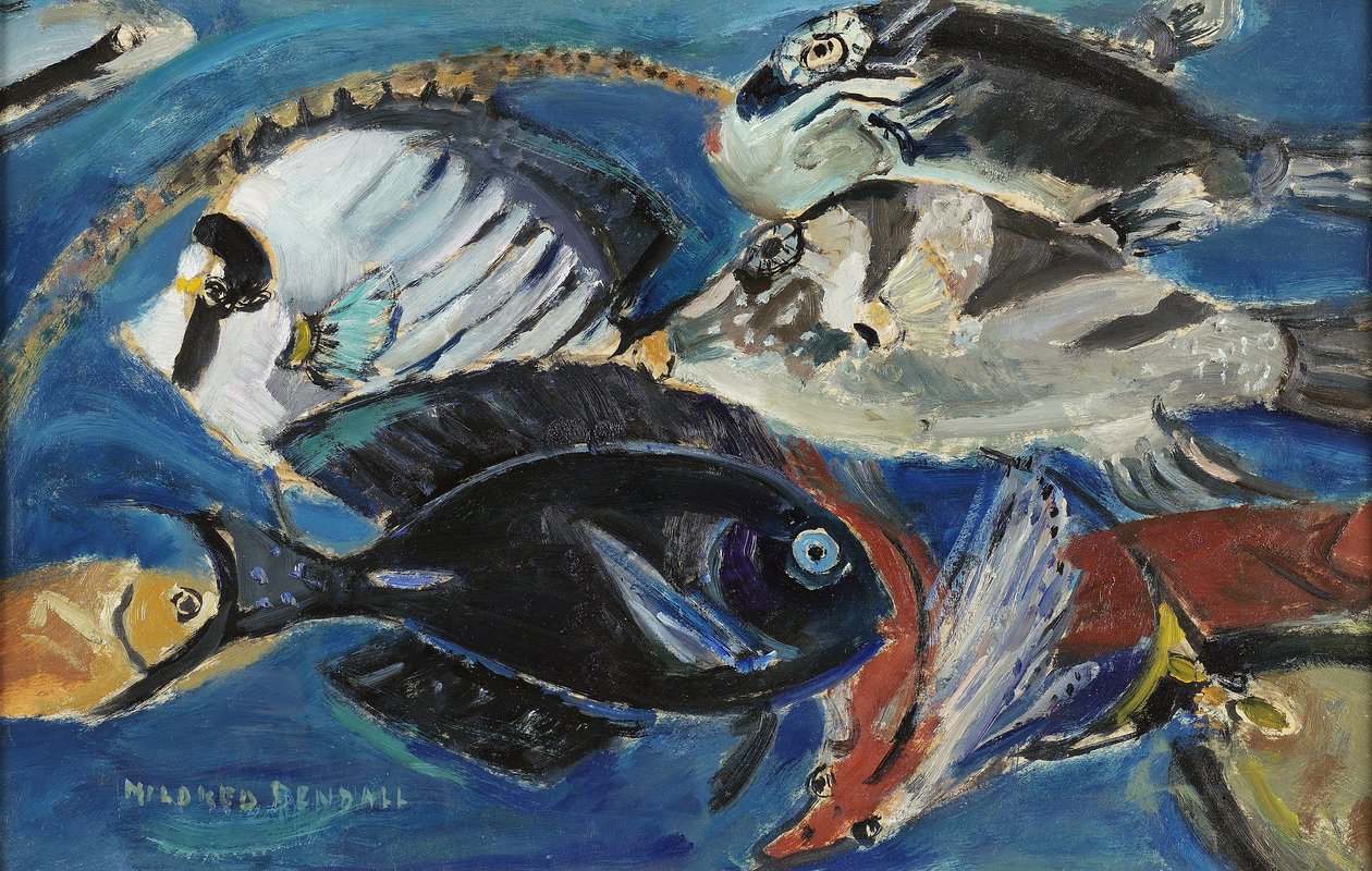 Poissons, c.1950 (panel üzerine serilmiş kağıt üzerine yağlı boya) by Mildred Bendall
