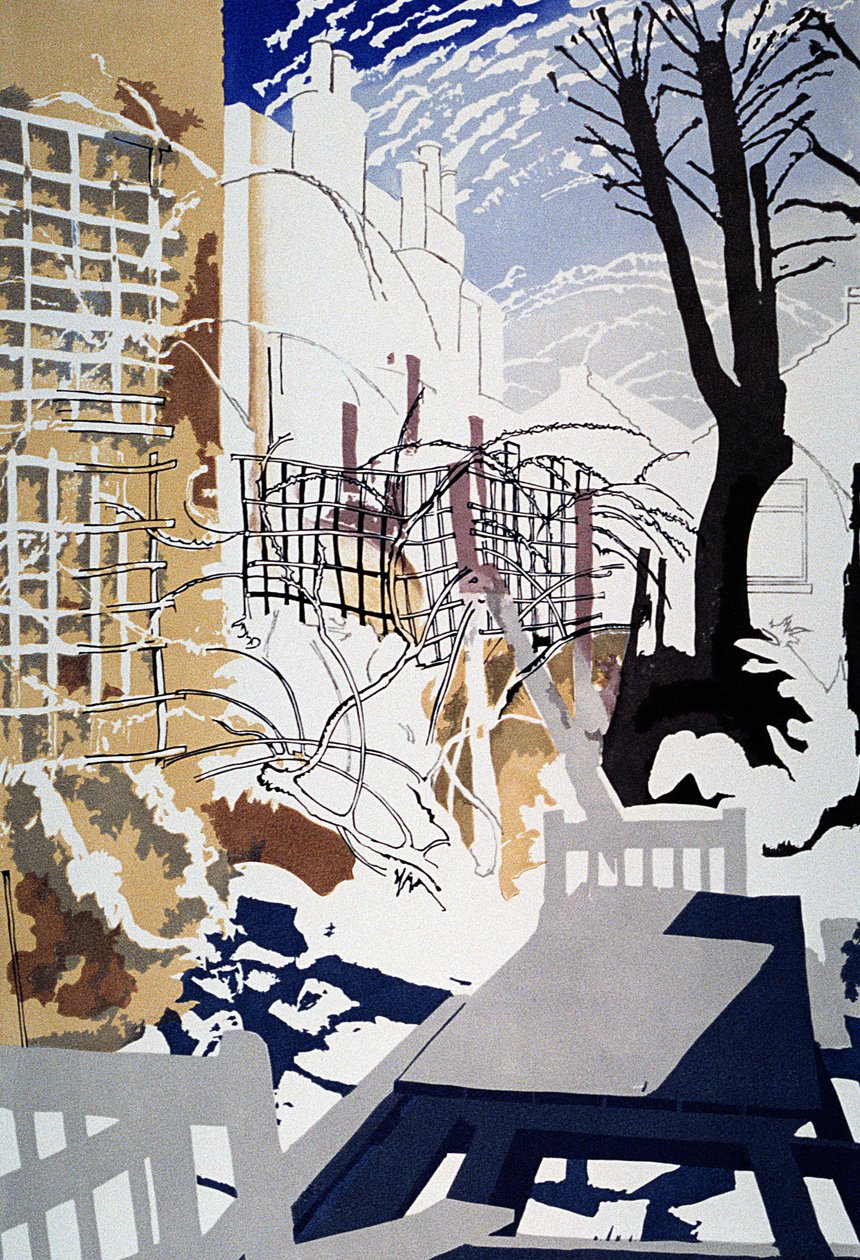 Stark Winter Back-Garden, 1993 (renkli linocut) by Miles Contemporary Artist Thistlethwaite