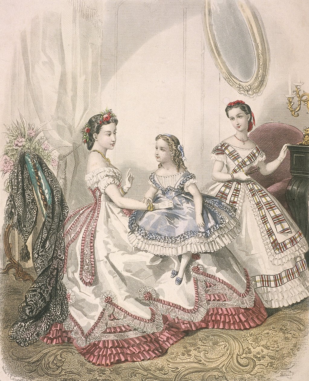 İki kadın ve en son ev modasını giyen küçük bir kız, c1860 by Millia Lacouriere