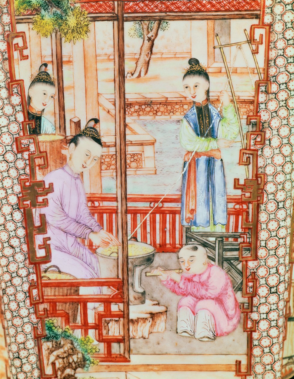 İpek ören kadınları betimleyen bir vazodan detay by Ming Dynasty Chinese School