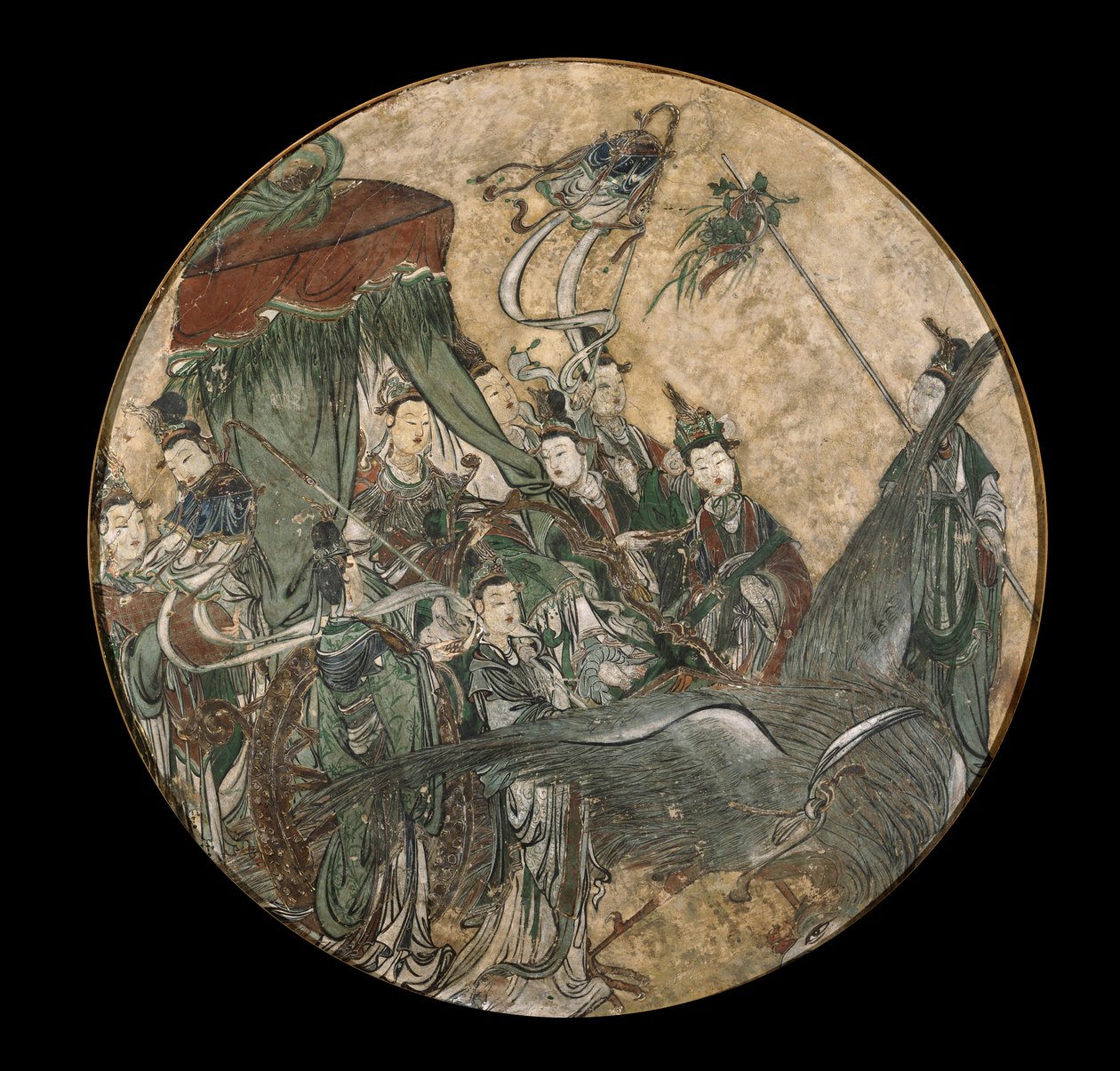 Anka Çizilmiş Bir Arabada Otururken Ruyi Asası tutan bir Kadın Devlet Adamını Betimleyen Çok Renkli Bir Fresk by Ming Dynasty Chinese School