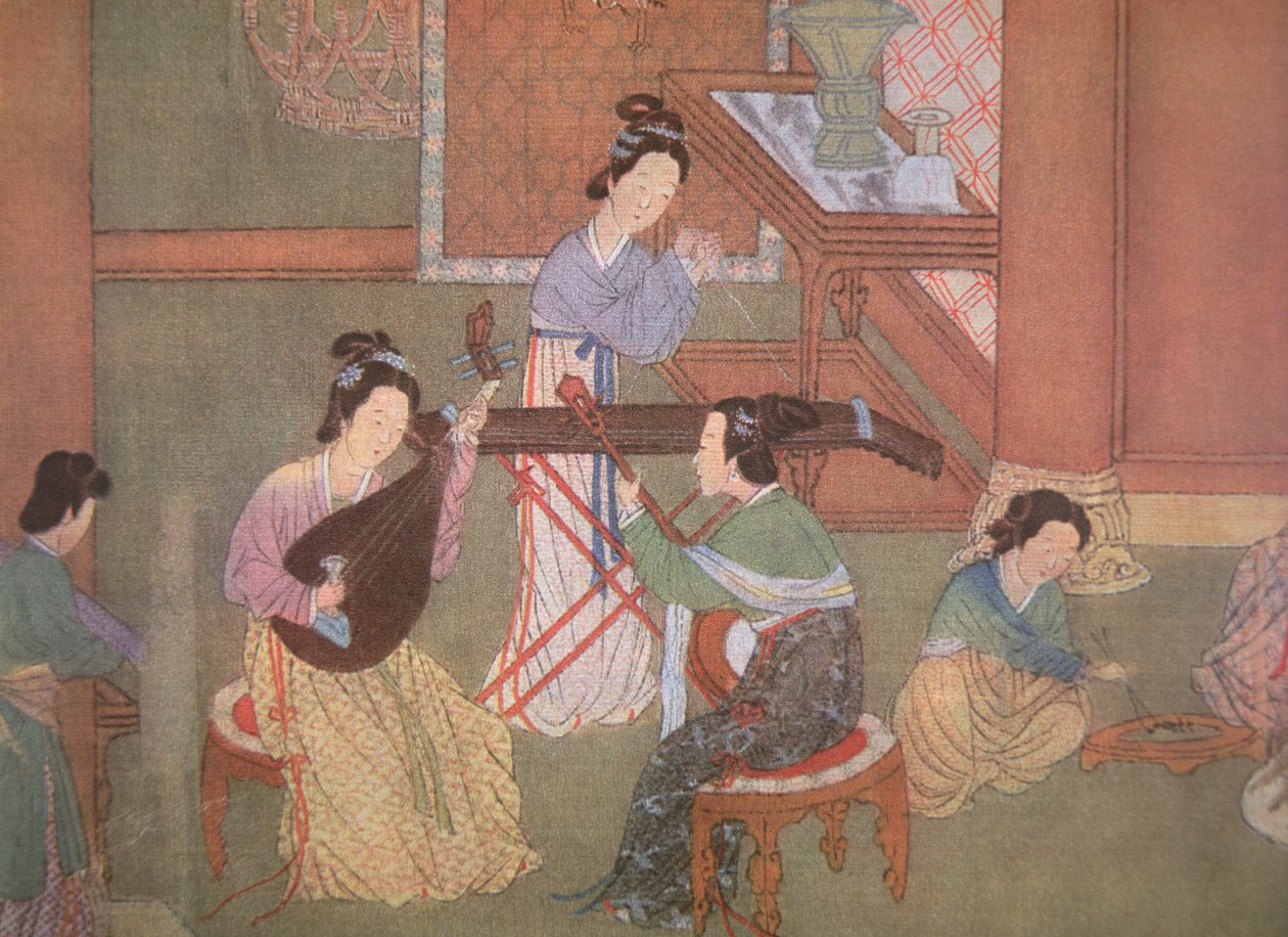 Çin lavtası, ay gitarı ve masa kanunu (ipek üzerine resim) by Ming Dynasty Chinese School