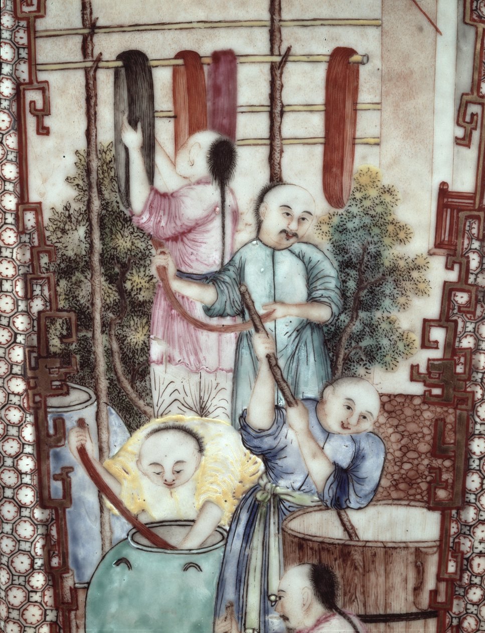 Erkekleri ipek (seramik) boyayan bir vazodan detay by Ming Dynasty Chinese School