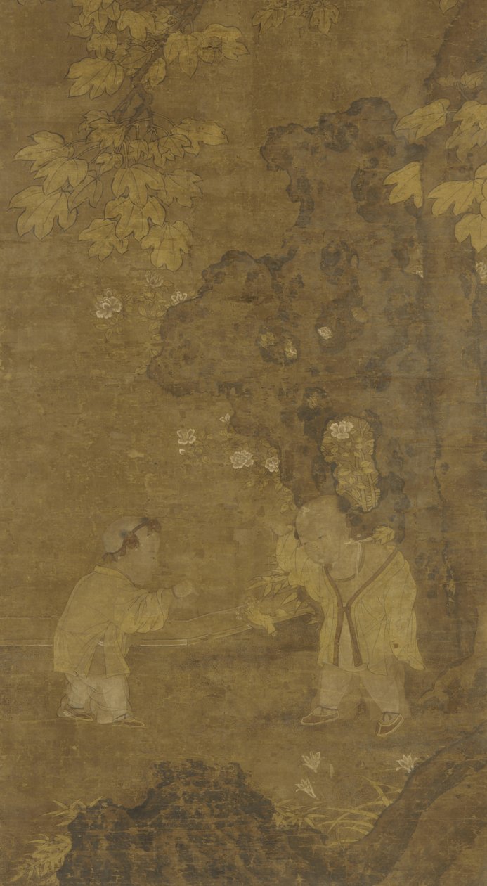 Bir aslan kuklasıyla oynayan iki erkek çocuk, 15.-16. yüzyıl by Ming Dynasty Chinese School