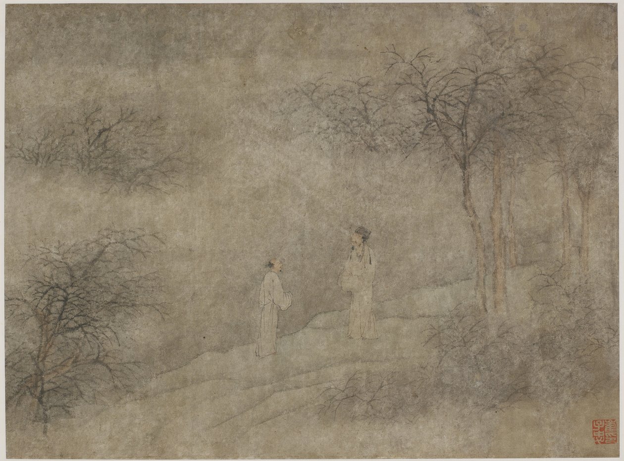 Sisli koruda yürüyen iki adam (kağıt üzerinde mürekkep ve renk) by Ming Dynasty Chinese School