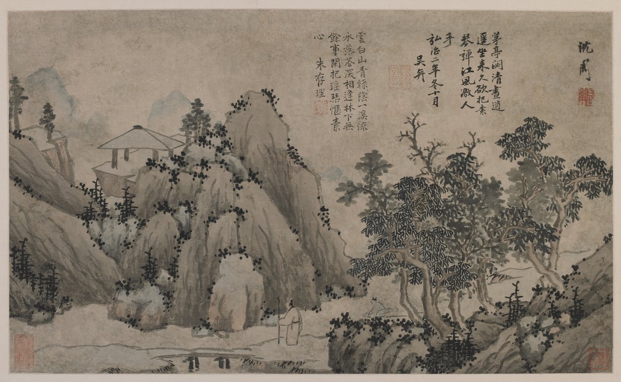 Bir Dağ Deresi yanında yürümek (kağıt üzerinde mürekkep ve renk) by Ming Dynasty Chinese School