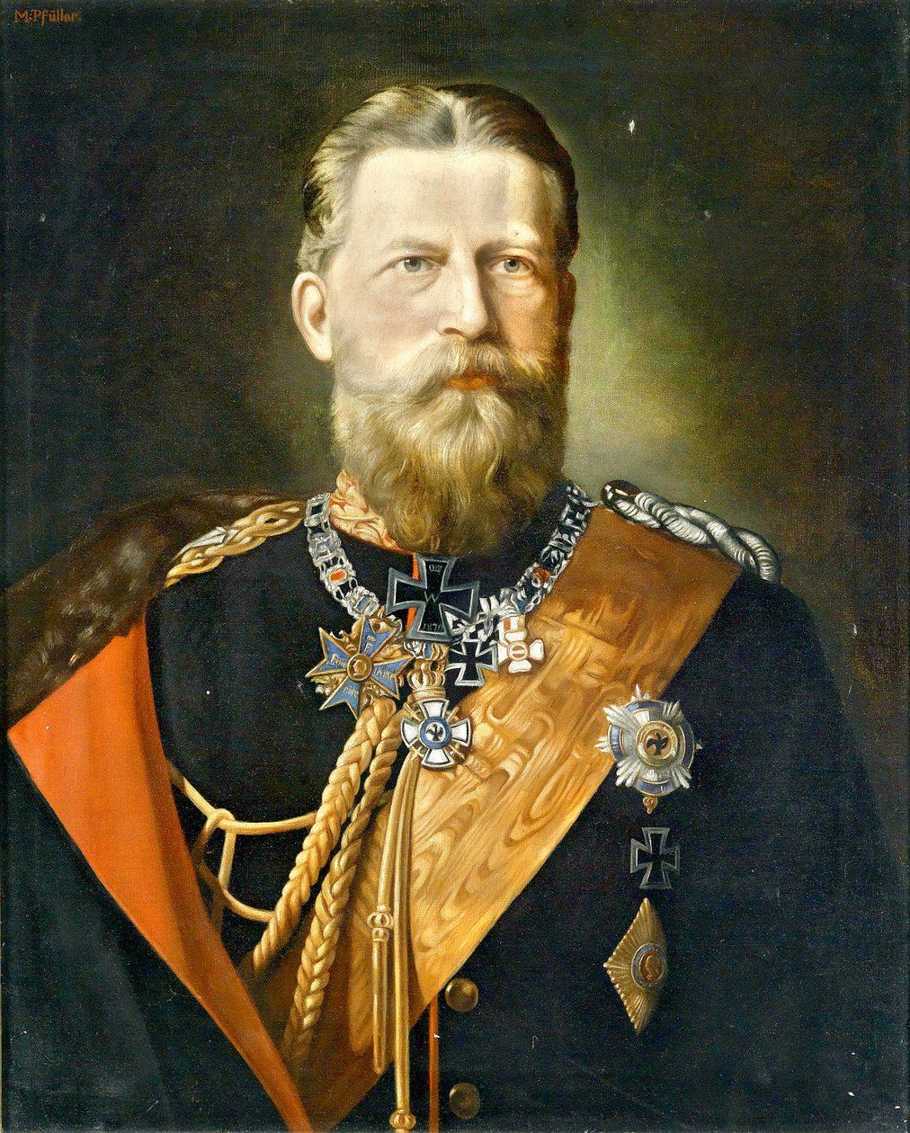 İmparator Friedrich III, Prusya Kralı; Mareşal üniformalı madalyalı portre by Minna Pfüller