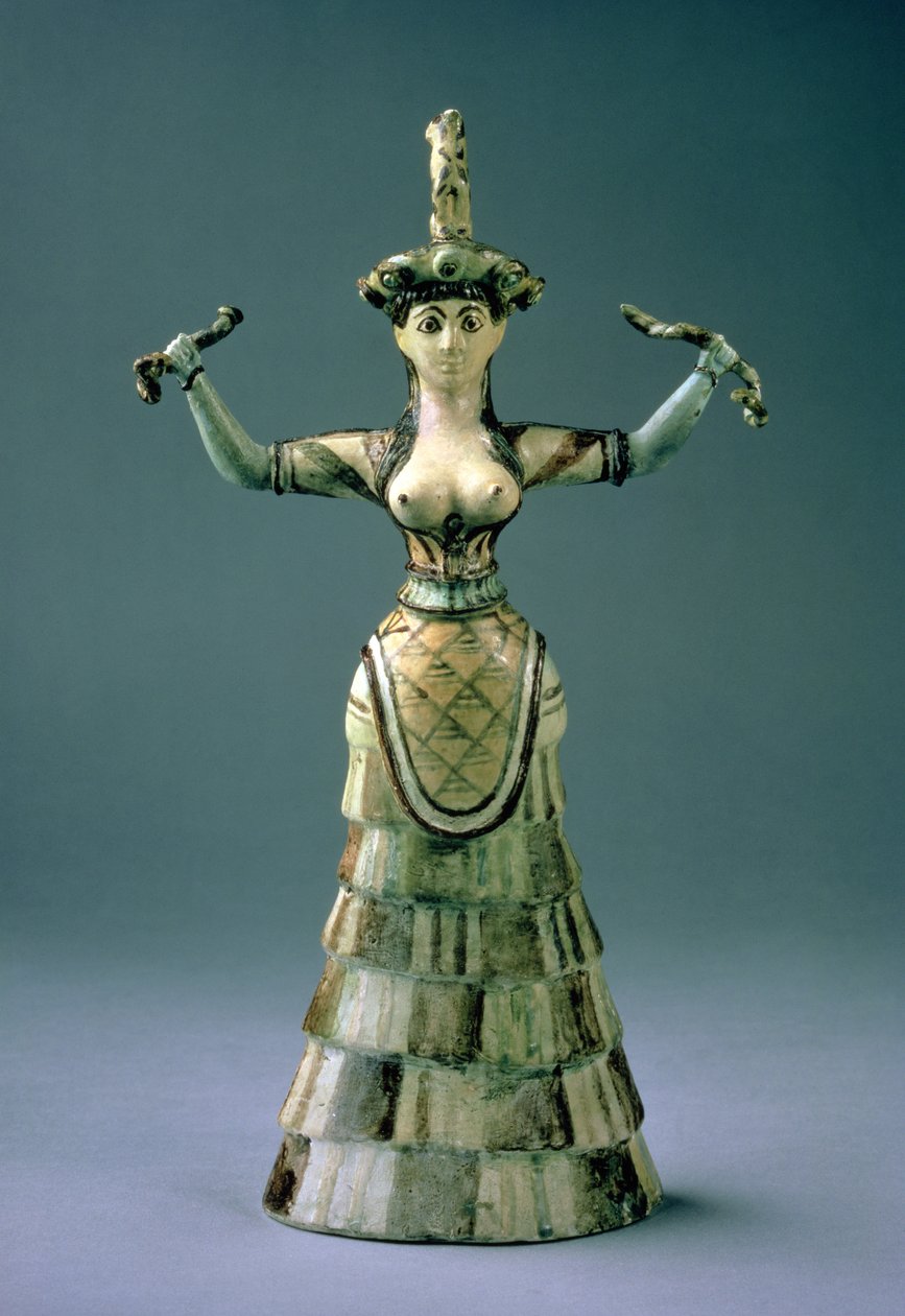 Yılan Tanrıça heykelciğinin replikası, MÖ 1600 dolayları, (sırlı ve boyalı çanak çömlek) by Minoan