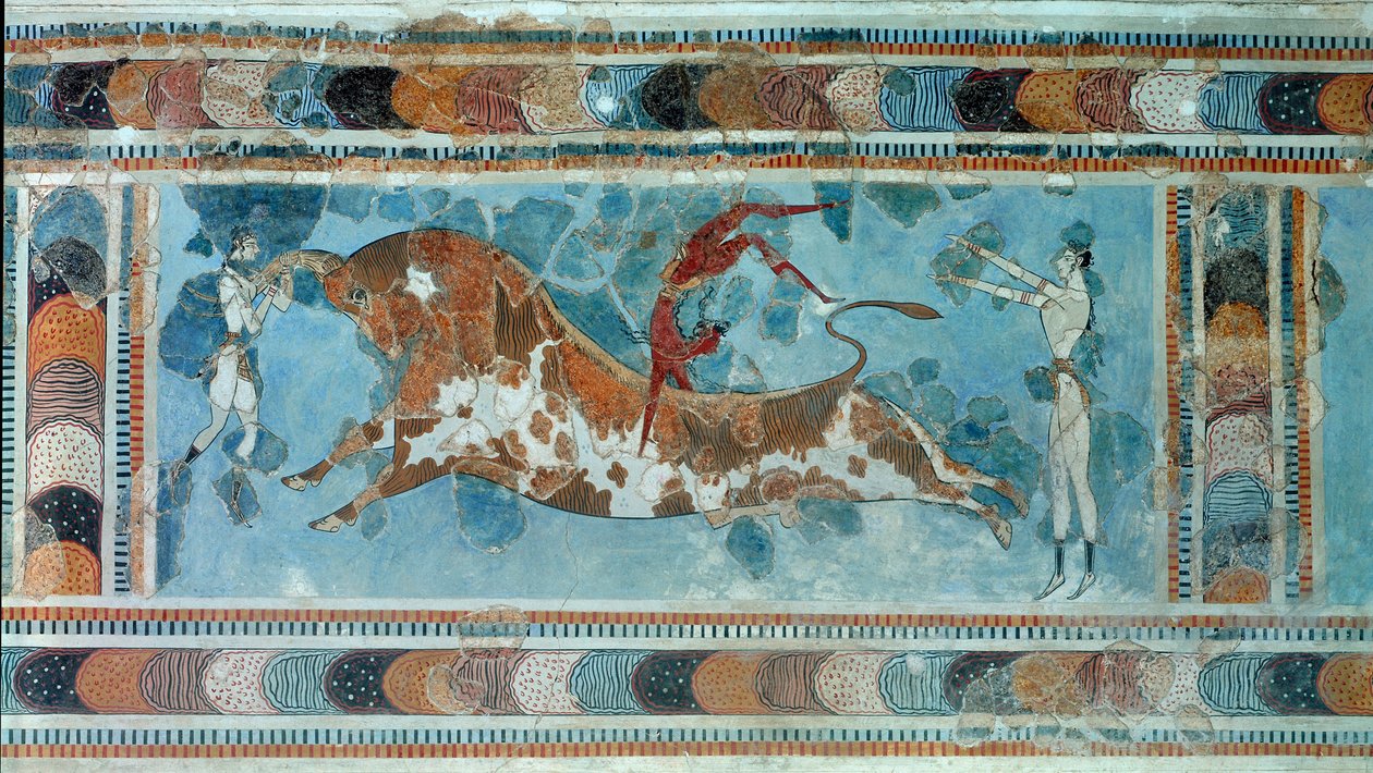 Minos uygarlığı: “” taurokathapsia (veya taurocatapsia) sahnesi, bir boğanın sırtına atlamaktan oluşan Girit sporu””” Kral Minos a Cnossos (Knossos) sarayından fresk. 1700-1400 M.Ö. Kandiye, Arkeoloji Müzesi by Minoan