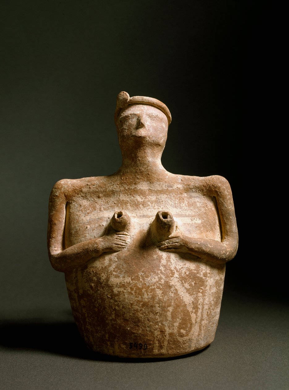 Minos sanatı: göğsünü destekleyen bir kadın şeklinde pişmiş toprak vazo. Girit'teki Piskokephalo tapınağından. 1700-1450 M.Ö. Kandiye, Arkeoloji Müzesi by Minoan