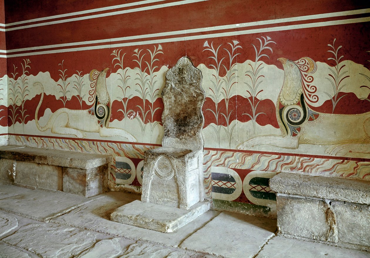 Minos uygarlığı: Kral Minos a Cnossos (Knossos) sarayının taht odasının görünümü. Girit - Minos uygarlığı: Knossos