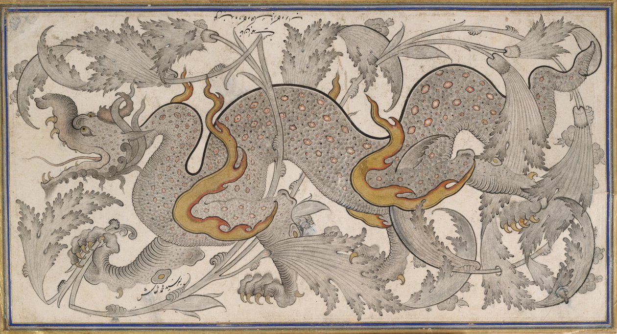 Yeşillikteki Ejderha (çizim, recto); hat sanatı, (versi) by Mir Sayyid Muhammad Naqqash