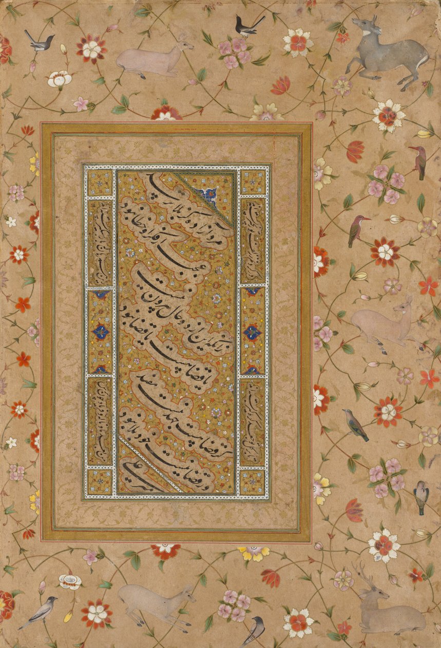 Geç Shah Jahan Albümünden Sayfa: Çiçekler ve Kuşlardan Oluşan Süs Bordürle Çerçevelenmiş Farsça Kaligrafi by Mir 