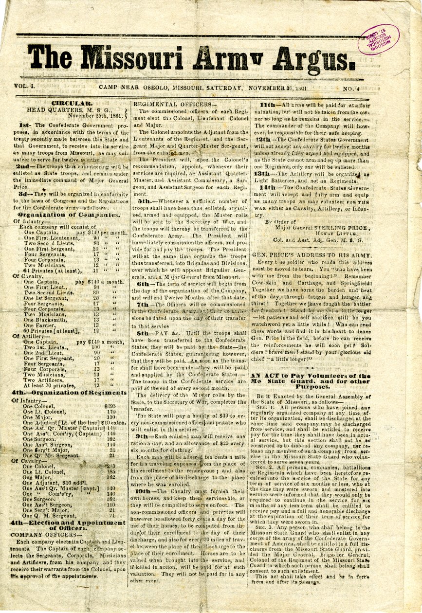Basılı genelgeler ve mektuplar, bir bildiri ve Missouri