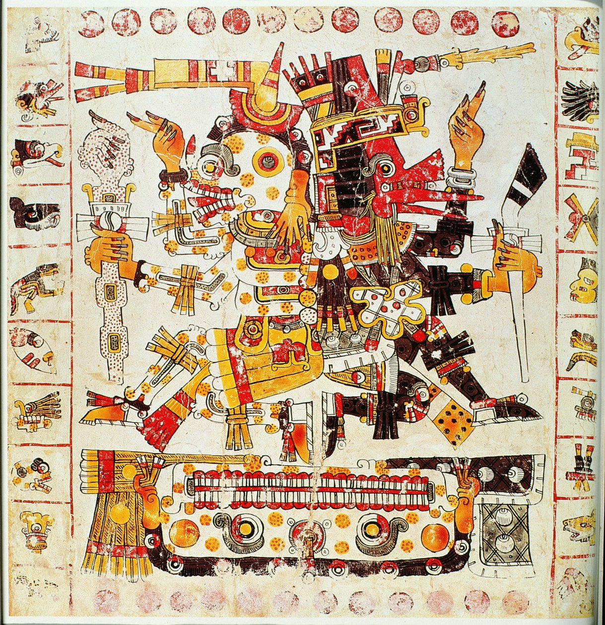 Borgia kodeksinin Ölüm ve Yaşam tanrılarını yan yana tasvir eden bir sayfasının tıpkıbasım kopyası (renkli litografi) by Mixtec