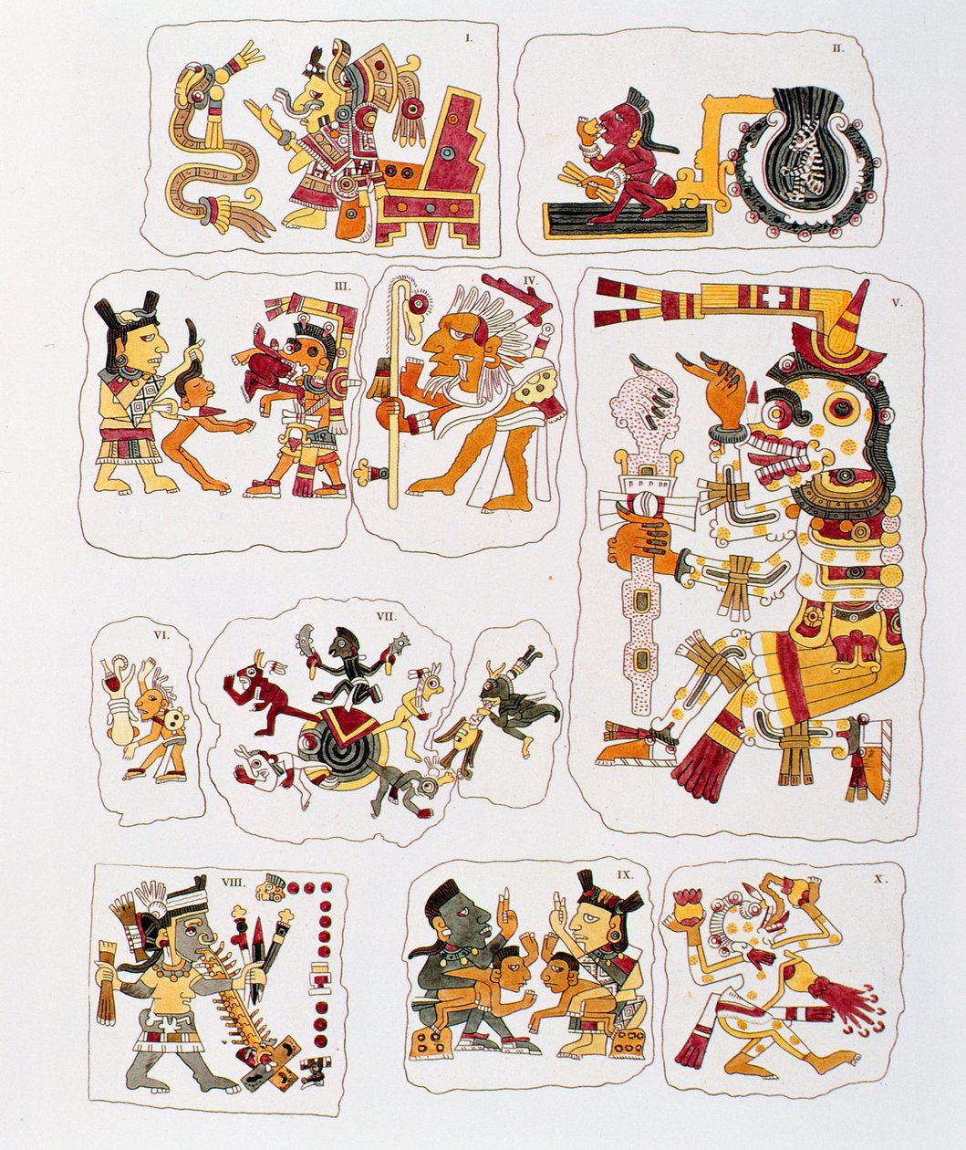 Borgia kodeksinin farklı sahneleri gösteren bir sayfasının tıpkıbasım kopyası (renkli litografi) by Mixtec