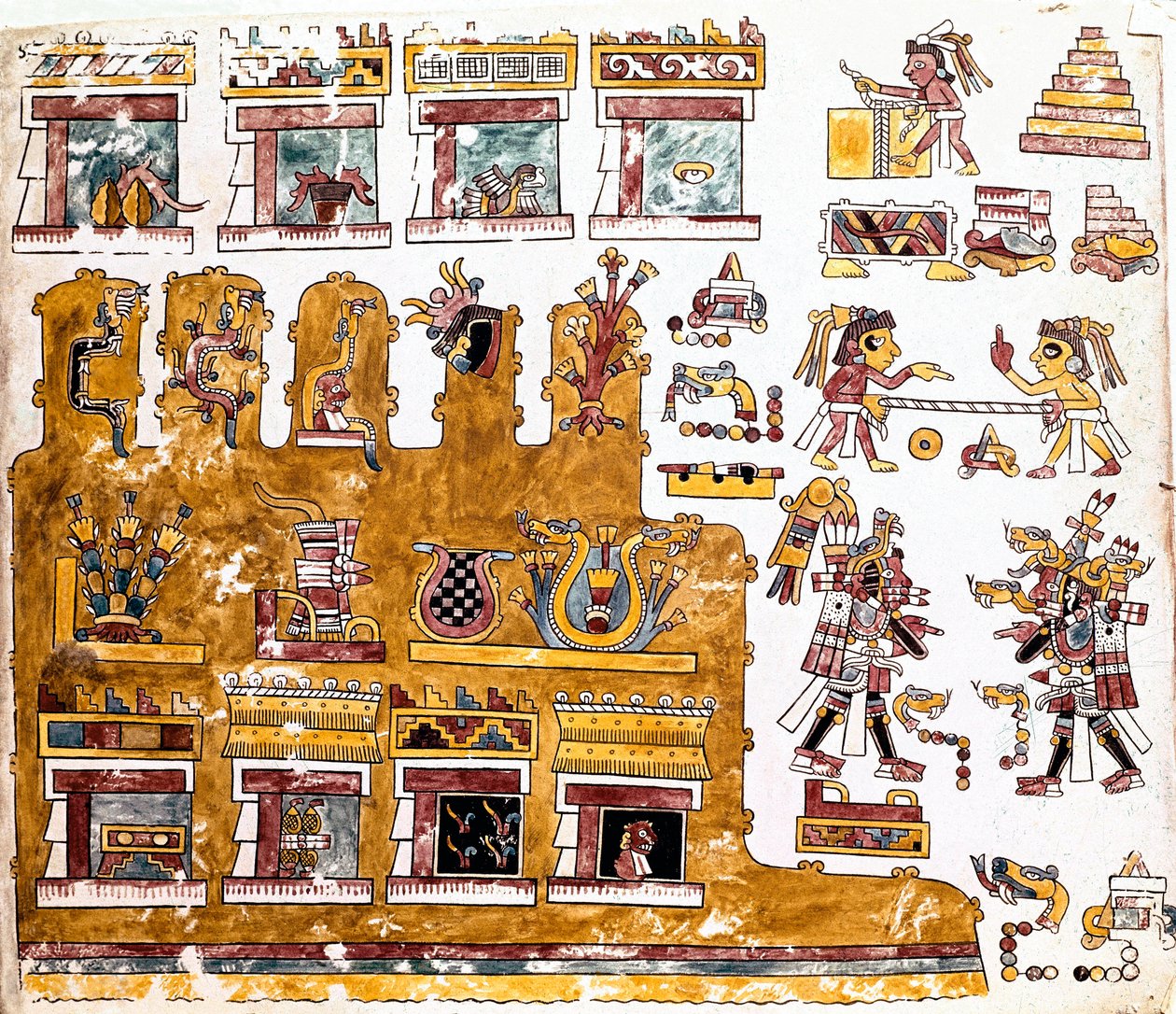 Mixtec uygarlığı: Bir tapınağın önünde gerçekleşen etkinliklerin resimlerini içeren Mixtec Kodeksi - Kolomb öncesi sanat, karma uygarlık: bir tapınağın önündeki günlük yaşam sahneleri - Hernan tarafından gönderilen Codex Vindobonensis veya Viyana kodeksini by Mixtec Mixtec