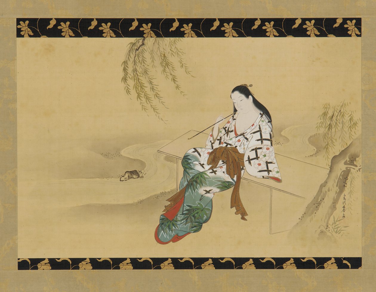 Manzara: bir bankta oturan bir yujo, 18. yüzyıl. by Miyagawa Chōshun