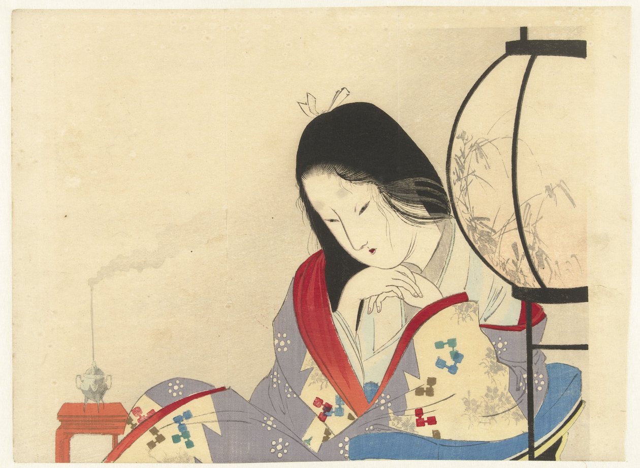 Bir lambanın yanında bir iç mekanda kadın, 1890-1908 (renkli gravür) by Mizuno Toshikata