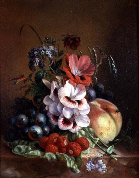 Meyve ve çiçek natürmort by Mme. A. van Ravensway