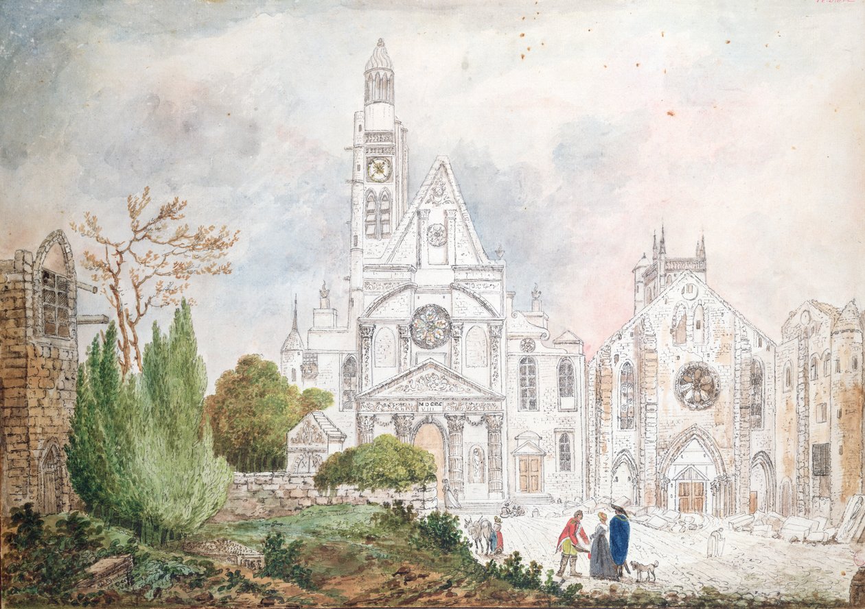 Eski Saint-Genevieve Kilisesi ve Saint-Etienne-du-Mont cephesi, 1807 (kağıt üzerinde wc) by Mme. Duchateau