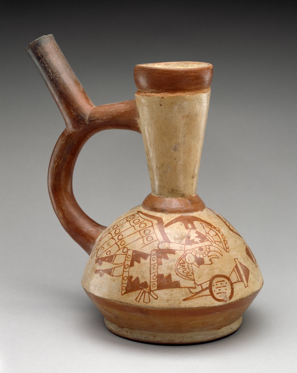 İki Baykuş Savaşçılı Kavanoz, 400-600 (bikrom astarlı toprak kap) by Moche