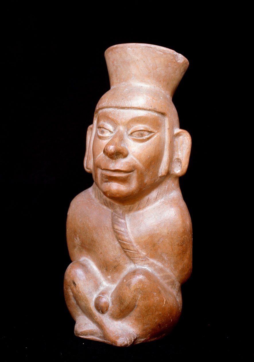 Kolomb öncesi sanat, Mochik uygarlığı (çirkin, mochica): bir mahkumu kurban etmeden önce temsil eden antropomorfik pişmiş toprak şişe (boynuna bir ip takıyor ve elleri sırtına bağlı). 200 M.Ö.-700 MS. Lima, Ulusal Antropoloji Müzesi ve by Moche Moche
