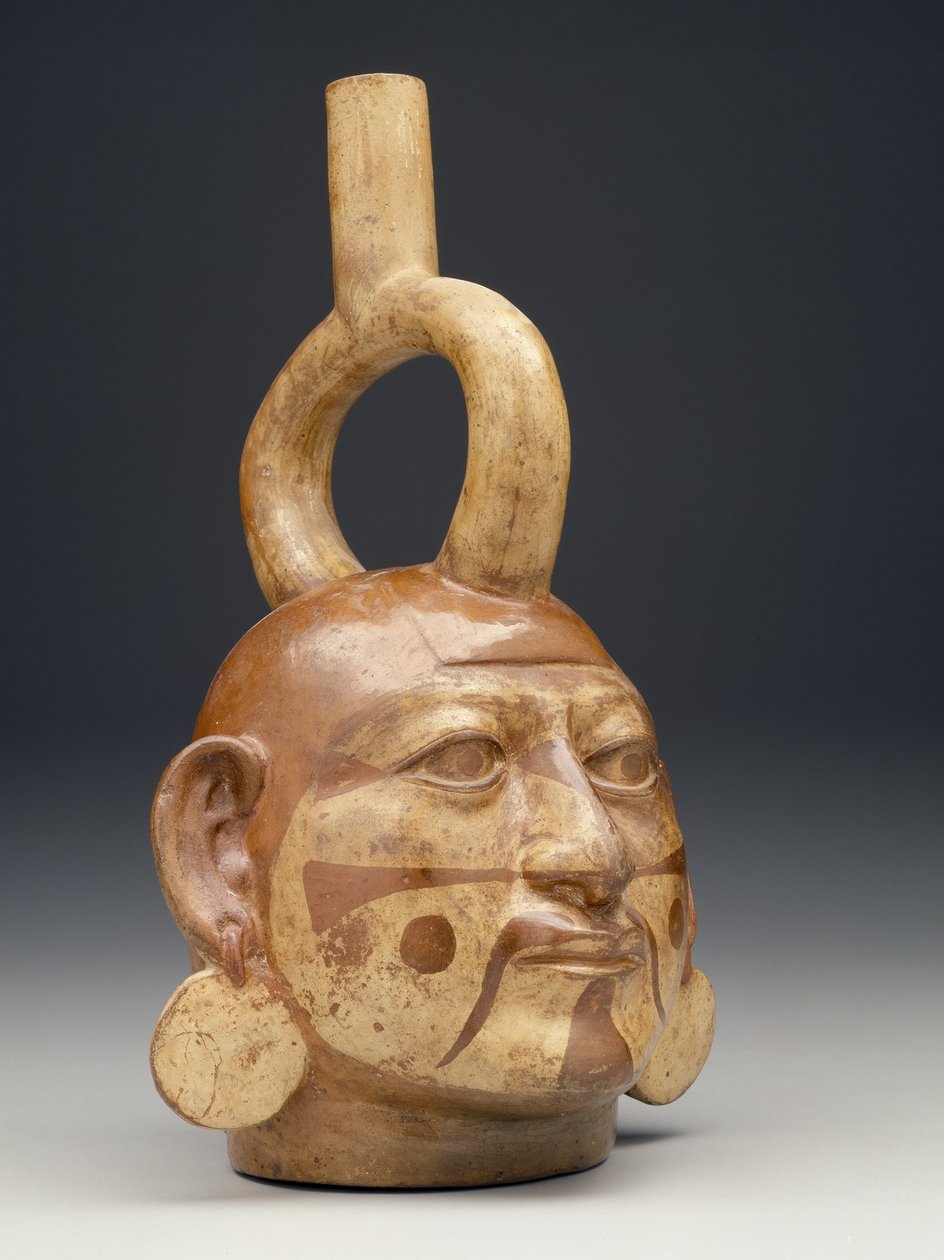 İnsan kafası şeklinde üzengi ağızlı kap, c.A.D. 450-550 (seramik) by Moche Moche