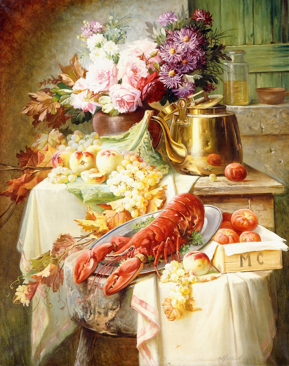 Istakoz ve Muhtelif Meyve ve Çiçeklerle Natürmort, by Modeste Carlier