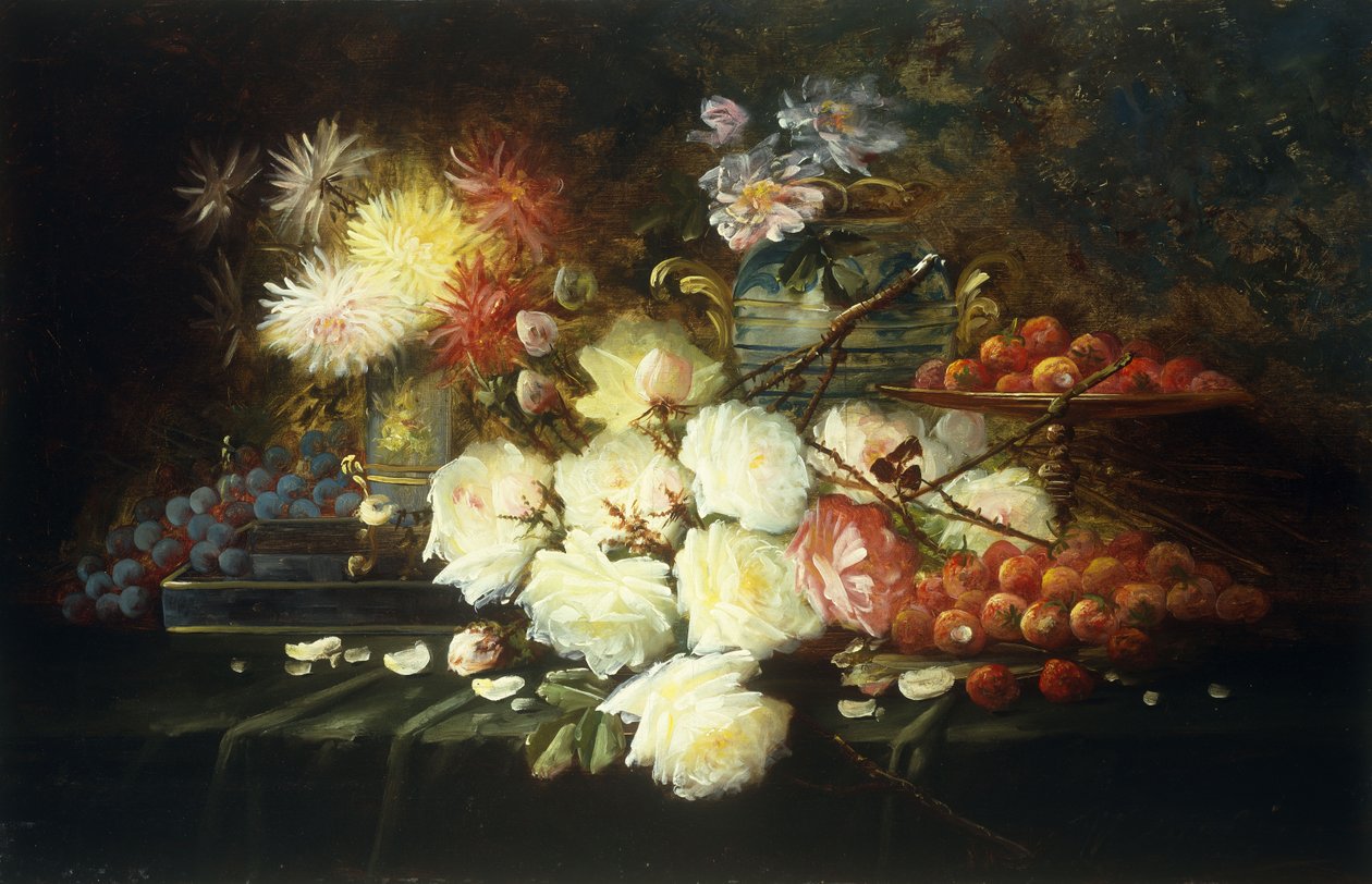 Gül, krizantem, üzüm ve çilek ile natürmort by Modeste Carlier