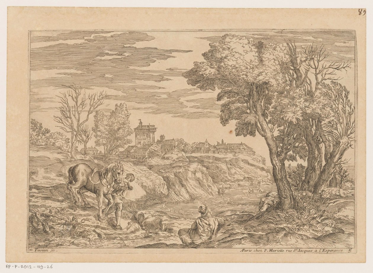 Atlı bir nehri geçen adamla manzara Titian'dan sonra manzaralar (dizi başlığı) by Moise Jean Baptiste Fouard
