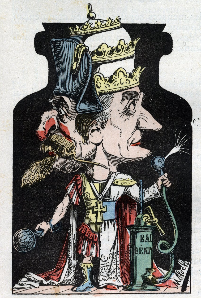 Napolyon III ve Papa ile bir sıkıştırma cihazı olarak Moloch tarafından temsil edilen 1801 tarihli Allegorie du Concordat (Pius VII ve Bonaparte arasındaki işaret) by Moloch