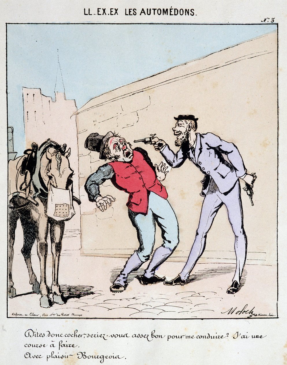 O. ESKİ. ESKİ. Motoredons: Şehirde ulaşım karikatürü. Bir burjuva kibarca bir arabacıdan onu sürmesini ister ve onu silahlarla tehdit eder. Moloch