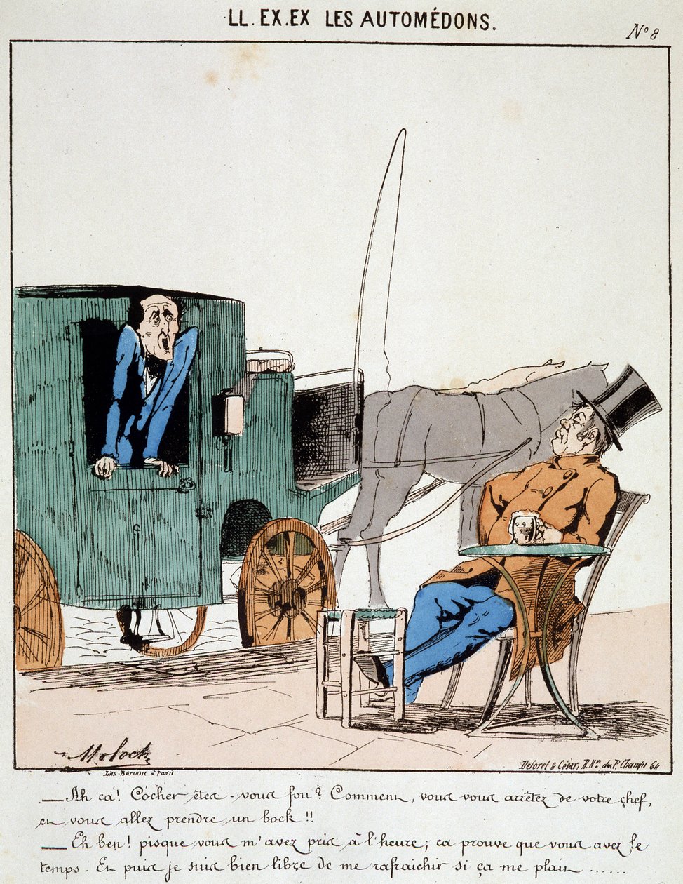 O. ESKİ. ESKİ. Motoredons: Şehirde ulaşım karikatürü. Bir arabacı, taşıdığı burjuvaların rallisi altında bir içki almak için bir kafede mola verdiğinde ödeme yapar. Moloch