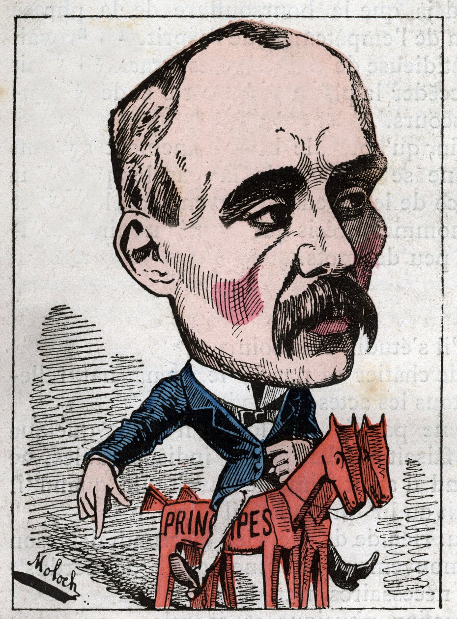 Georges Clemenceau (1841-1929) politikacısının portresi Touchatout tarafından “Le Trombinoscope”, karikatürü 1882