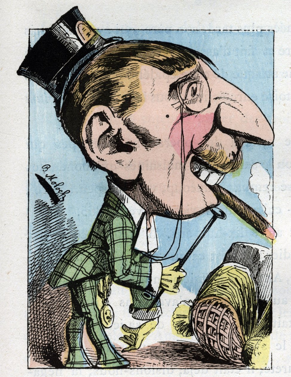 Touchatout'un "Le Trombinoscope" adlı eserinde, 1882 tarihli B. Moloch (1849-1909) karikatüründe, "sakızlı" bir genç adamın portresi, aşırı zarafete ve alayla sınırlanmış (züppe, zarif, balıksı, yapışkan) sahiptir. Özel koleksiyon. by Moloch