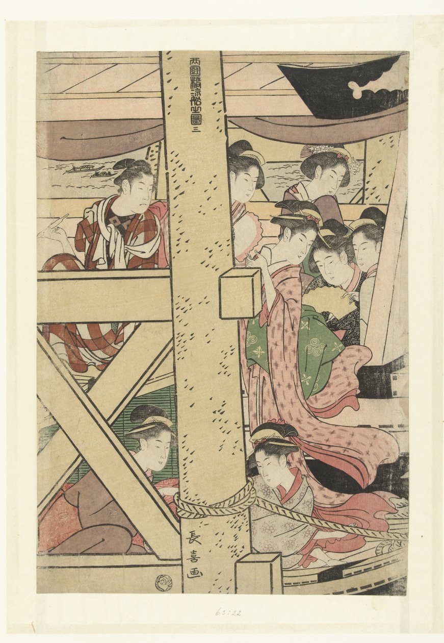 Ryogoku Ryogokubashi suzumibune no zu'da bir teknede akşam serinliğinin tadını çıkarmak (nesne üzerinde başlık) by Momokawa Chôki