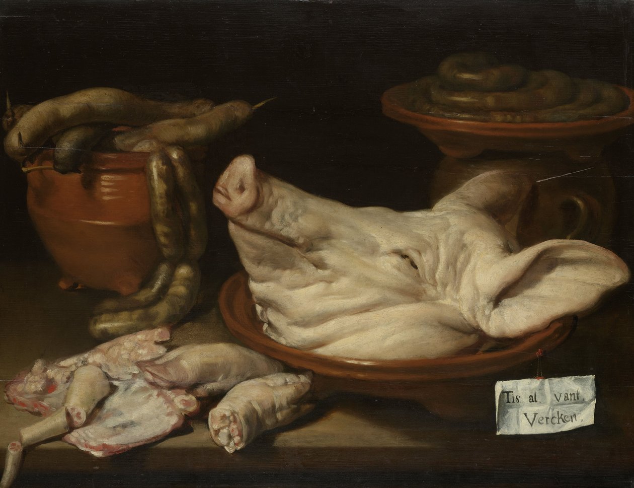 Domuz Kafası, Domuz Boğumları ve Sosisli Natürmort, c.1650 by Monogrammist JVR