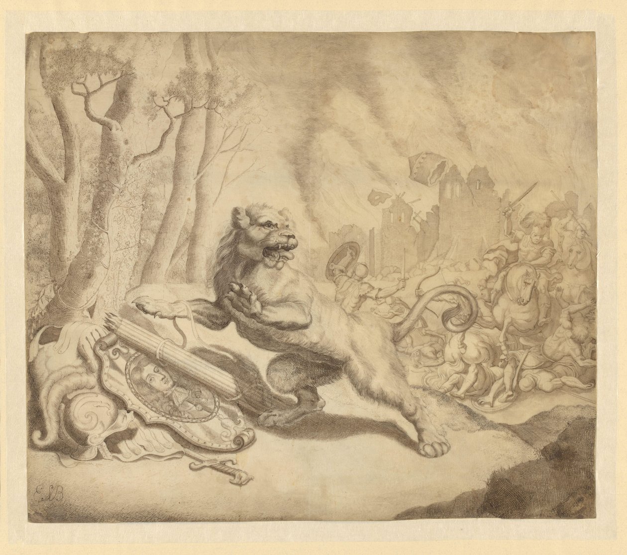 Hollanda aslanı William III'ten yardım istiyor, 1672 by Monogrammist ESB (tekenaar) (signed by artist)
