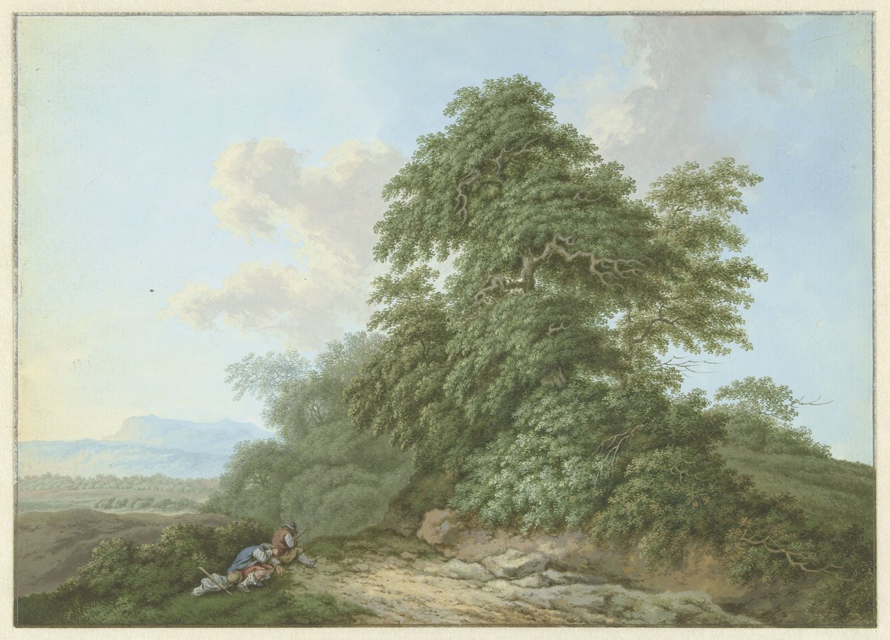 Bir yol boyunca dinlenen gezginlerle manzara by Monogrammist FWH (possibly)