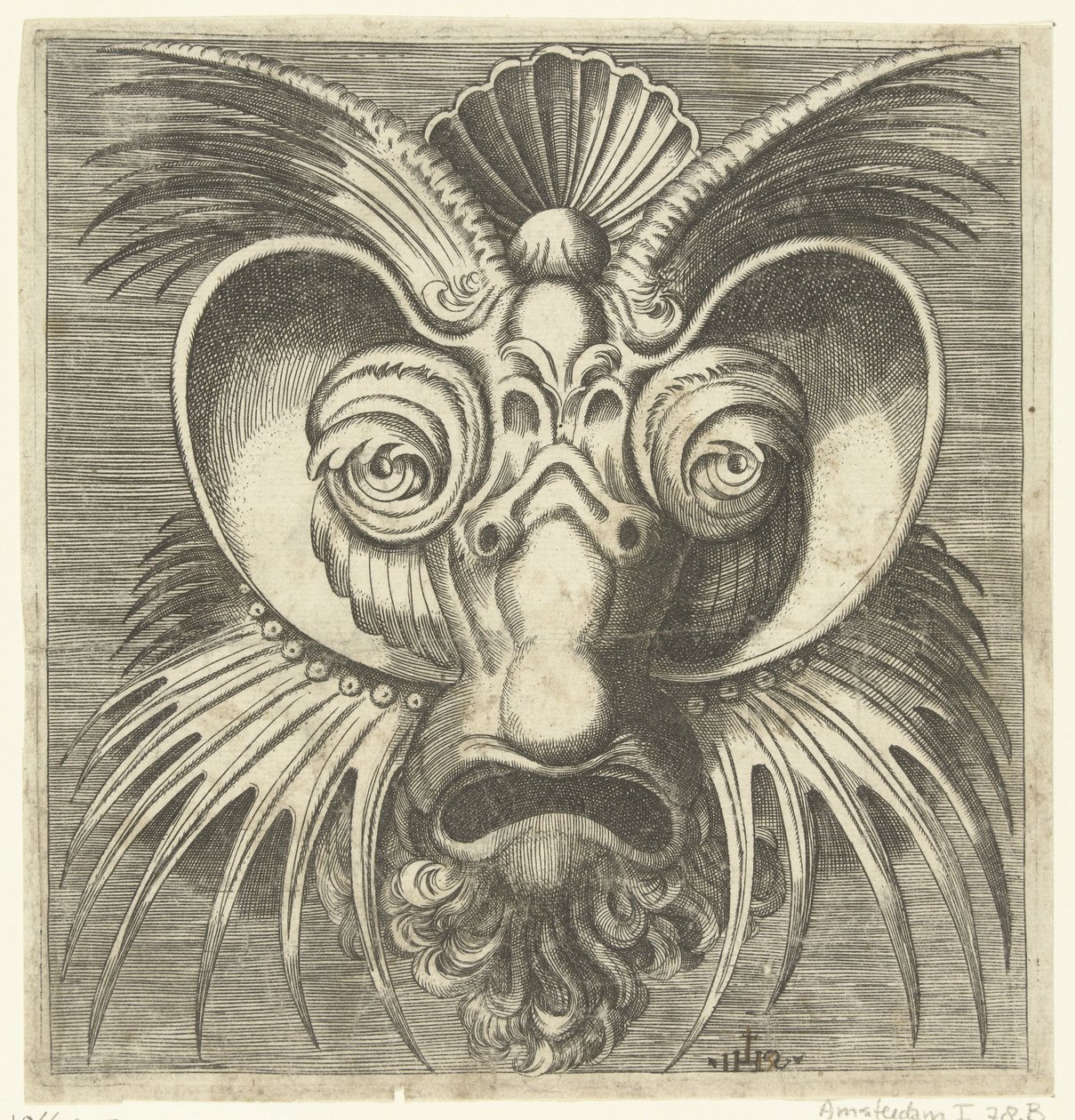 Yanaklarda ve alında sivri uçlu, göz çevresinde daireler bulunan maske Libro di değişken maskara (...) (seri başlığı) by Monogrammist IHS