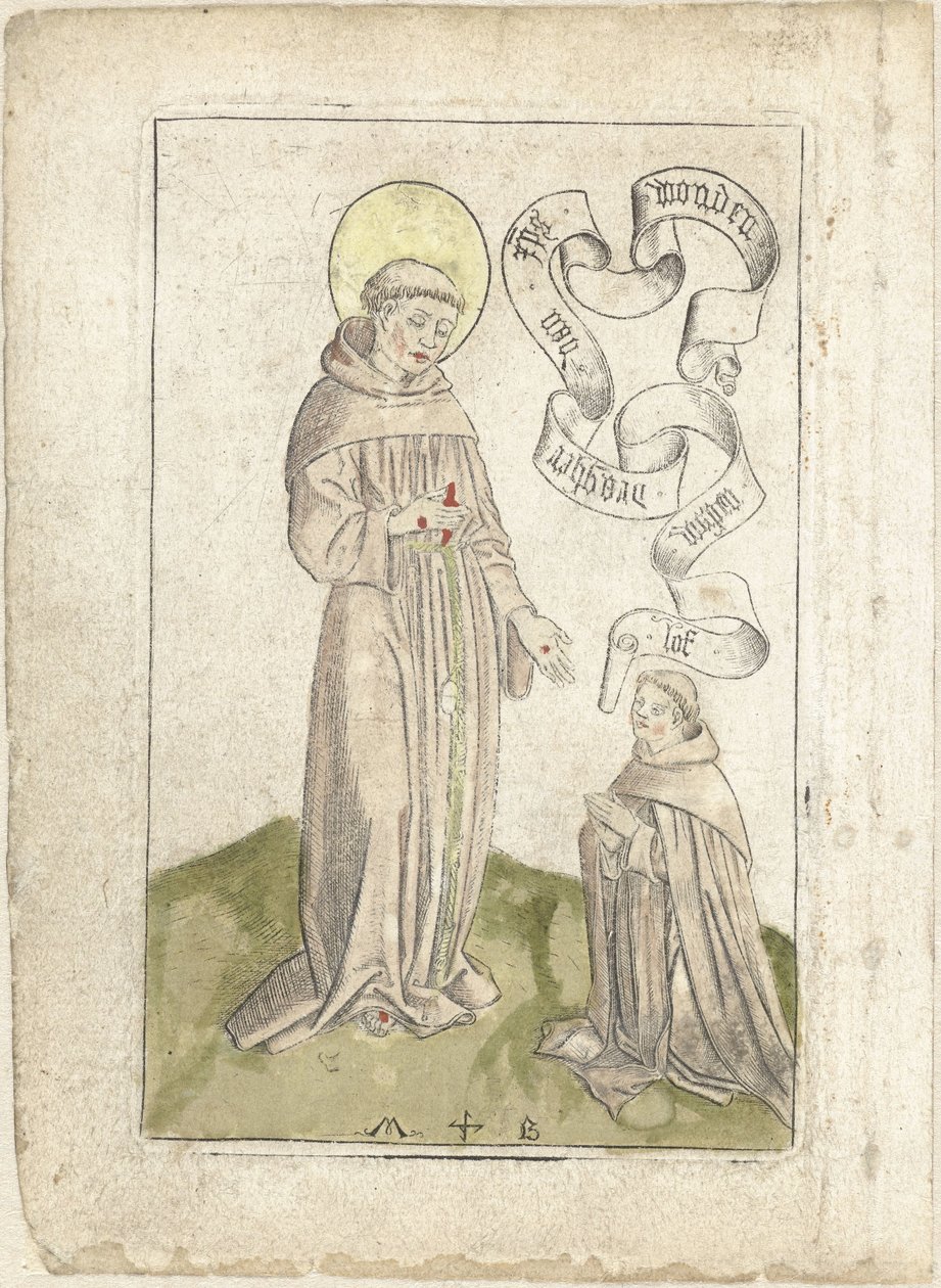 Diz çökmüş Fransisken ile Aziz Francis by Monogrammist MB (Nederlanden)