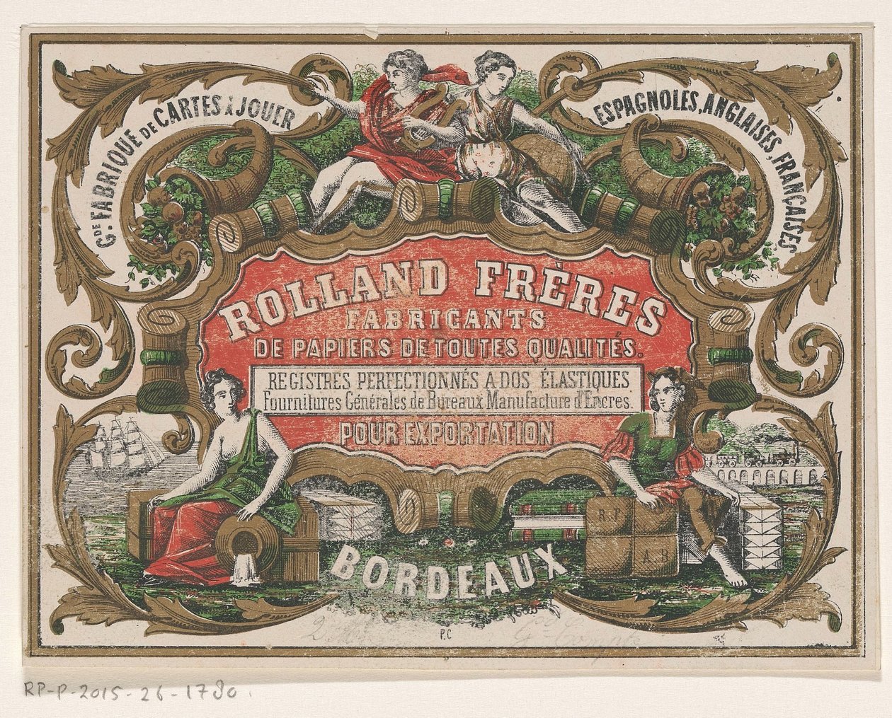 Bordeaux'da kağıt üreticisi Rolland Frères'in kartviziti by Monogrammist PC (lithograaf)